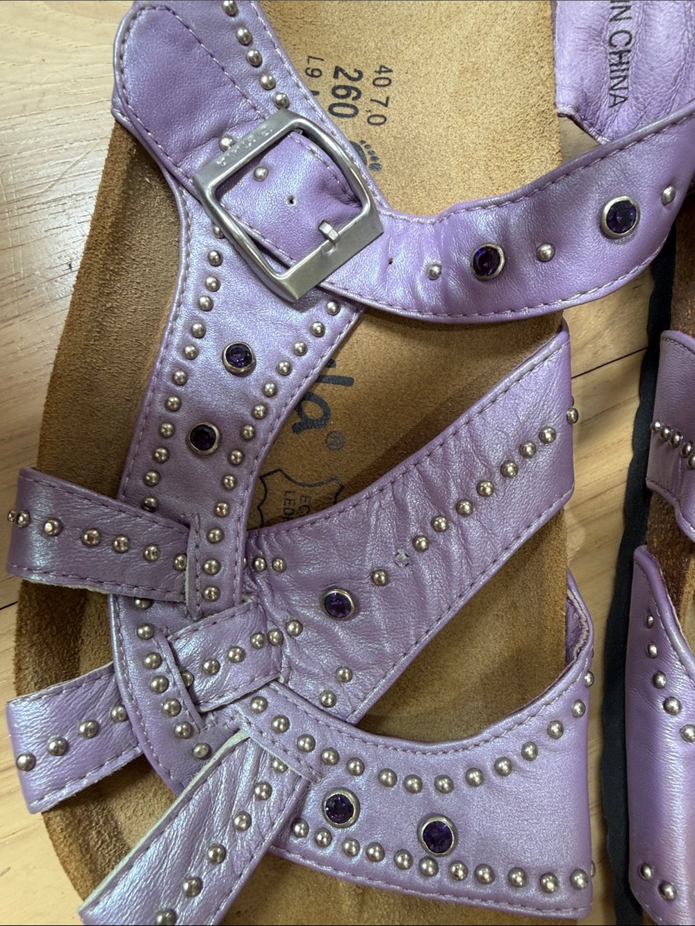 Lilac Studded Women's Slide Sandals with Buckle Accent - Picture 2 of 3